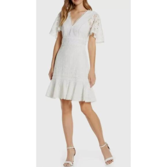 Eliza J Dress Womens 4 White Lace Plunge V Neck Flutter Sleeve Mini Bridal - Picture 3 of 9